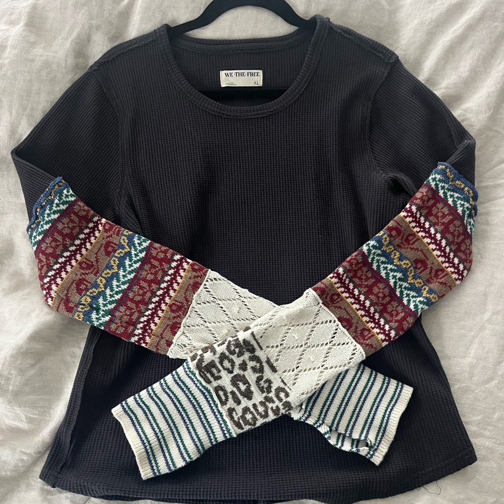 Free People Black and Red Crew Neck Sweater with Patterned Sleeves